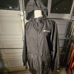 Champion Black Hooded Windbreaker Long Jacket Coat Small Full Zip